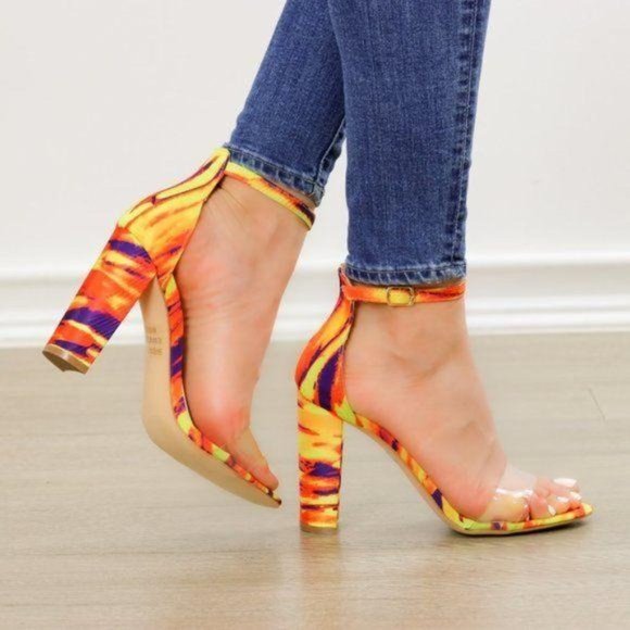 Shoes - Ankle Strap Chunky Heeled Sandals, Clear Toe Band